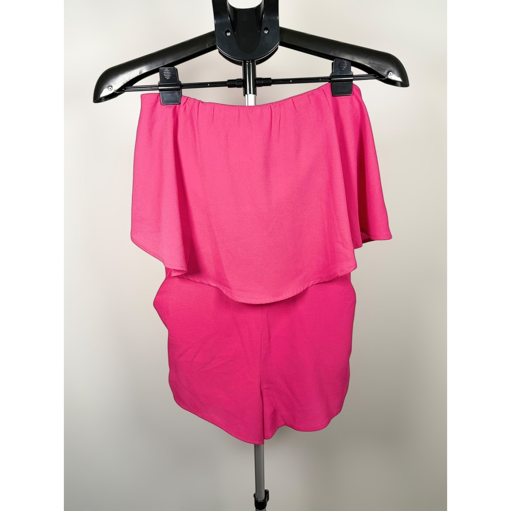 She + Sky Hot Pink Strapless Ruffle Romper Fuchsia Tiered Overlay Small